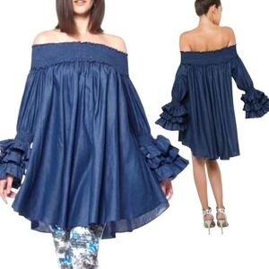 Gracia Denim Off Shoulder Dress Ruffle Sleeve Tunic‎ Top Small